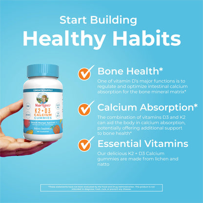MaryRuth Organics Calcium with Vitamin D & Vitamin K2, 2 Month Supply, Calcium Supplement Supports Bone Health & Joint Support, with Vitamins D3 K2 Gummies, Vegan, Non-GMO, Gluten Free, 60 Count - Maple Wellness Supplements