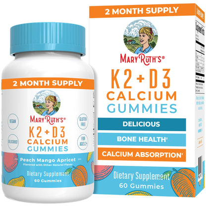 MaryRuth Organics Calcium with Vitamin D & Vitamin K2, 2 Month Supply, Calcium Supplement Supports Bone Health & Joint Support, with Vitamins D3 K2 Gummies, Vegan, Non-GMO, Gluten Free, 60 Count - Maple Wellness Supplements