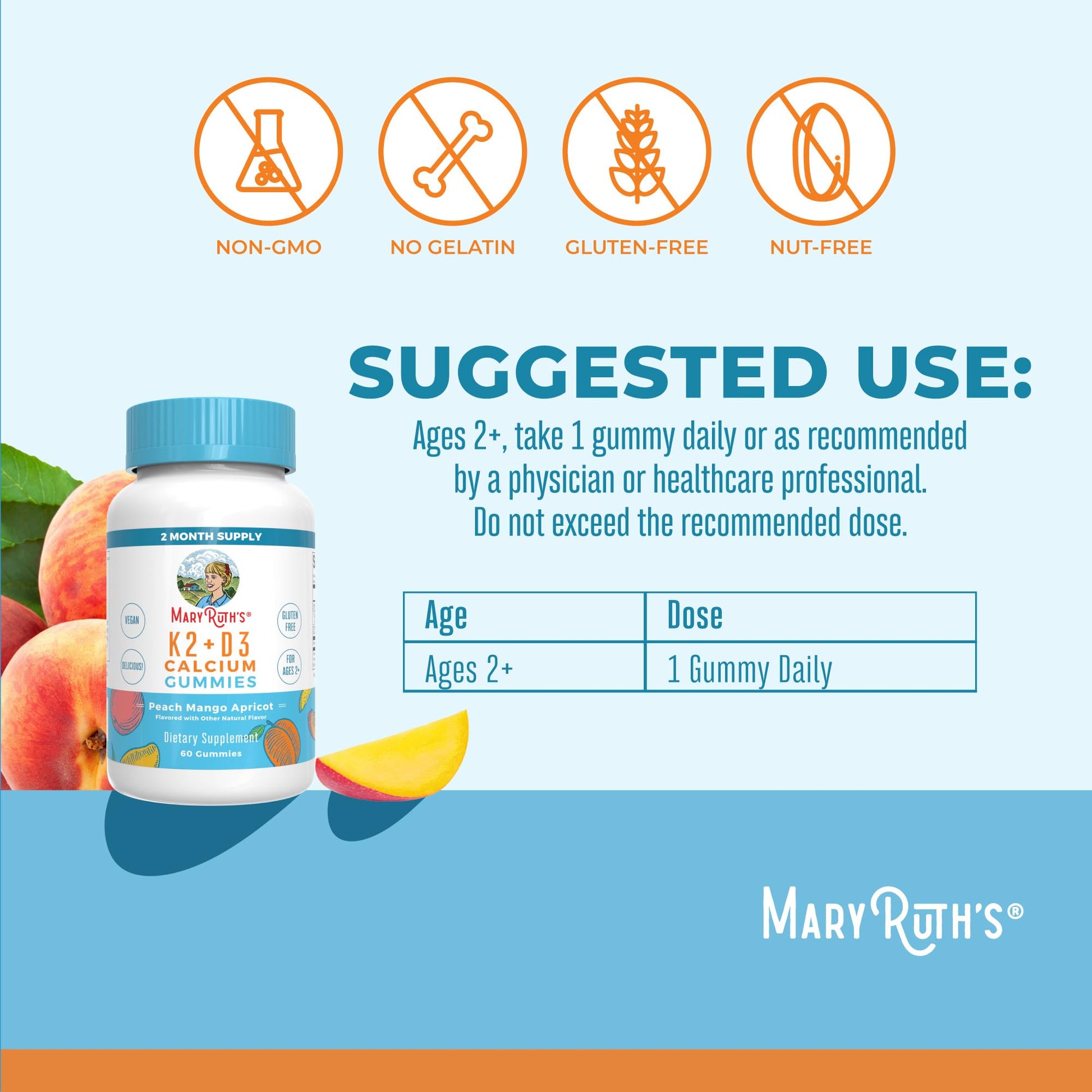 MaryRuth Organics Calcium with Vitamin D & Vitamin K2, 2 Month Supply, Calcium Supplement Supports Bone Health & Joint Support, with Vitamins D3 K2 Gummies, Vegan, Non-GMO, Gluten Free, 60 Count - Maple Wellness Supplements