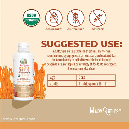 MaryRuth Organics Cordyceps Mushroom Supplement | Ultra Absorption Liposomal | Full Spectrum Mushroom | 200mg Beta-Glucans Per Serving | USDA Organic | Vegan | 7.6 oz | 15 Servings - Maple Wellness Supplements