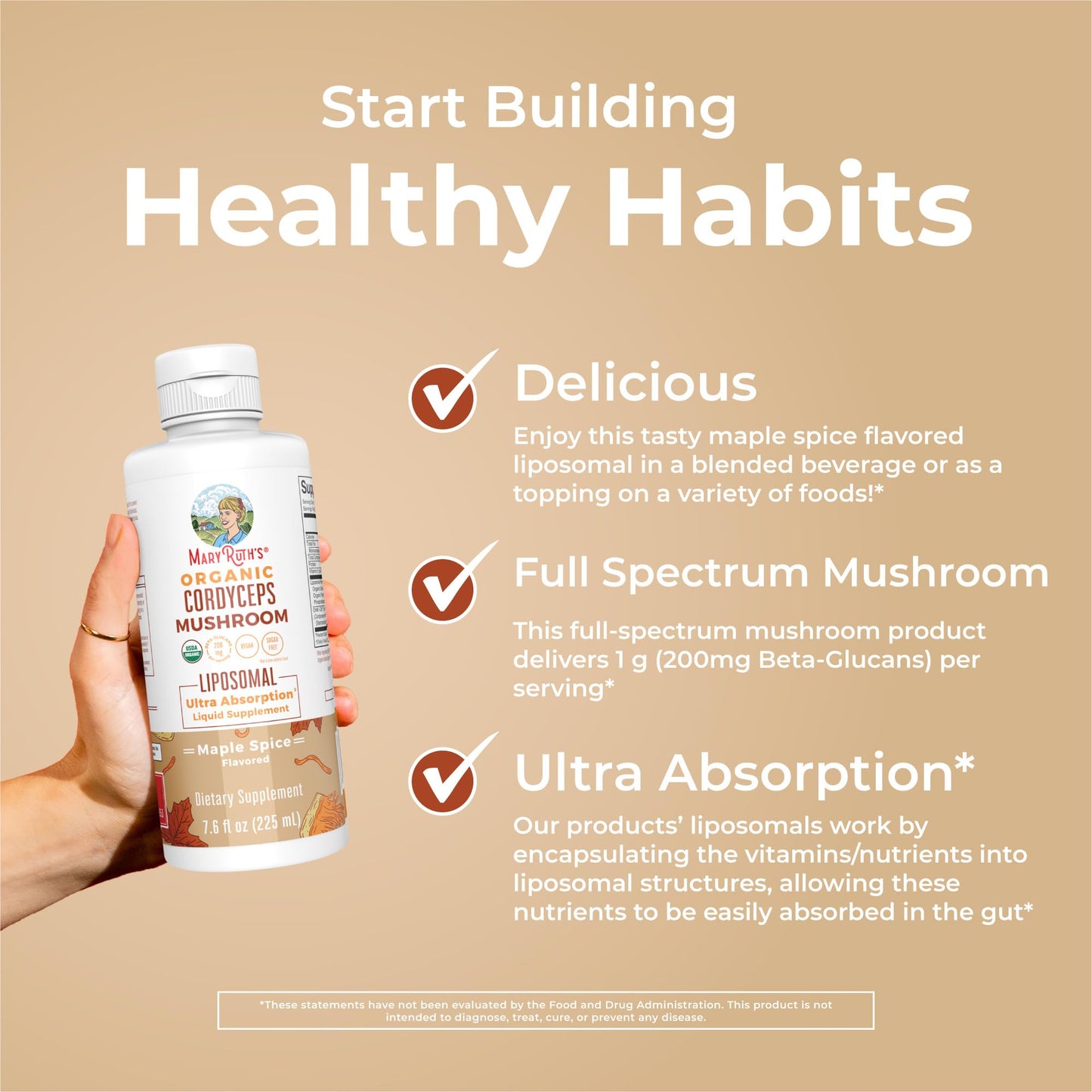 MaryRuth Organics Cordyceps Mushroom Supplement | Ultra Absorption Liposomal | Full Spectrum Mushroom | 200mg Beta-Glucans Per Serving | USDA Organic | Vegan | 7.6 oz | 15 Servings - Maple Wellness Supplements