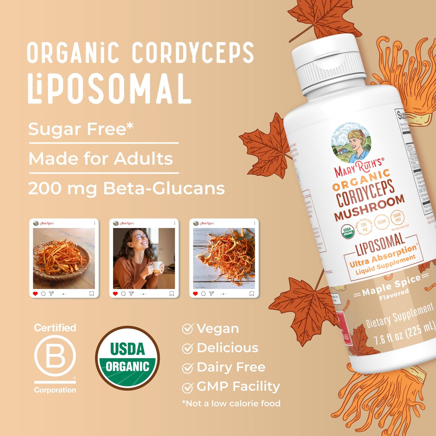MaryRuth Organics Cordyceps Mushroom Supplement | Ultra Absorption Liposomal | Full Spectrum Mushroom | 200mg Beta-Glucans Per Serving | USDA Organic | Vegan | 7.6 oz | 15 Servings - Maple Wellness Supplements