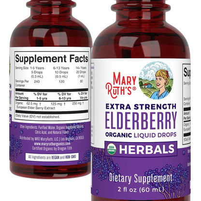 MaryRuth Organics Elderberry Syrup Extra Strength, USDA Organic Elderberry, Sugar Free Adults & Kids Immune Support Supplement for Ages 1+, Clean Label Project Verified®, Vegan, Gluten Free, 2 Fl Oz - Maple Wellness Supplements