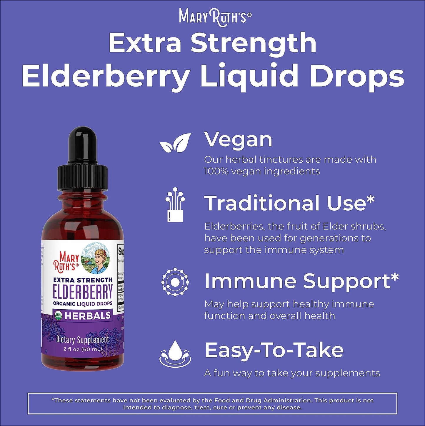 MaryRuth Organics Elderberry Syrup Extra Strength, USDA Organic Elderberry, Sugar Free Adults & Kids Immune Support Supplement for Ages 1+, Clean Label Project Verified®, Vegan, Gluten Free, 2 Fl Oz - Maple Wellness Supplements