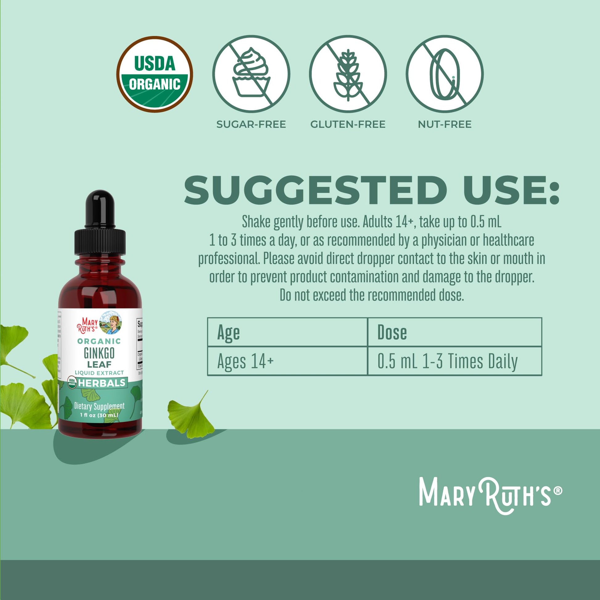 MaryRuth Organics Ginkgo Leaf Liquid Drops | Herbal Supplement | Nootropic | Circulatory System & Nervous System Health | USDA Organic | Non-GMO | Vegan | 60 Servings - Maple Wellness Supplements