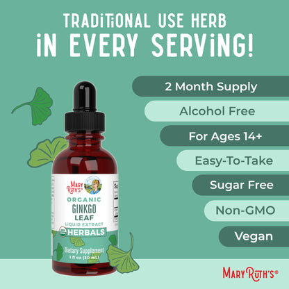 MaryRuth Organics Ginkgo Leaf Liquid Drops | Herbal Supplement | Nootropic | Circulatory System & Nervous System Health | USDA Organic | Non-GMO | Vegan | 60 Servings - Maple Wellness Supplements