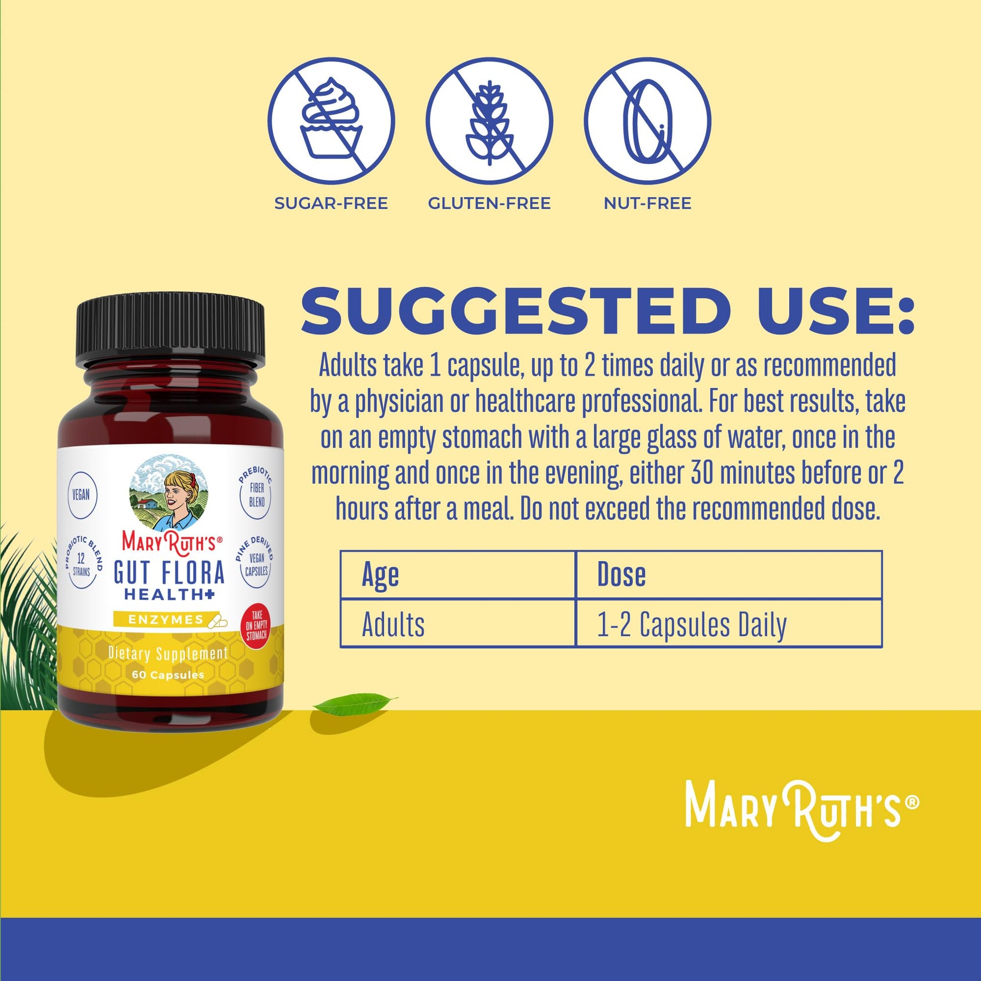 MaryRuth Organics Gut Flora Health+ Enzymes | Up to 2 Month Supply | Prebiotic Probiotic Digestive Enzymes Blend for Healthy Gut Biome & Digestive Support | Gastrointestinal Health | 60 Capsules - Maple Wellness Supplements