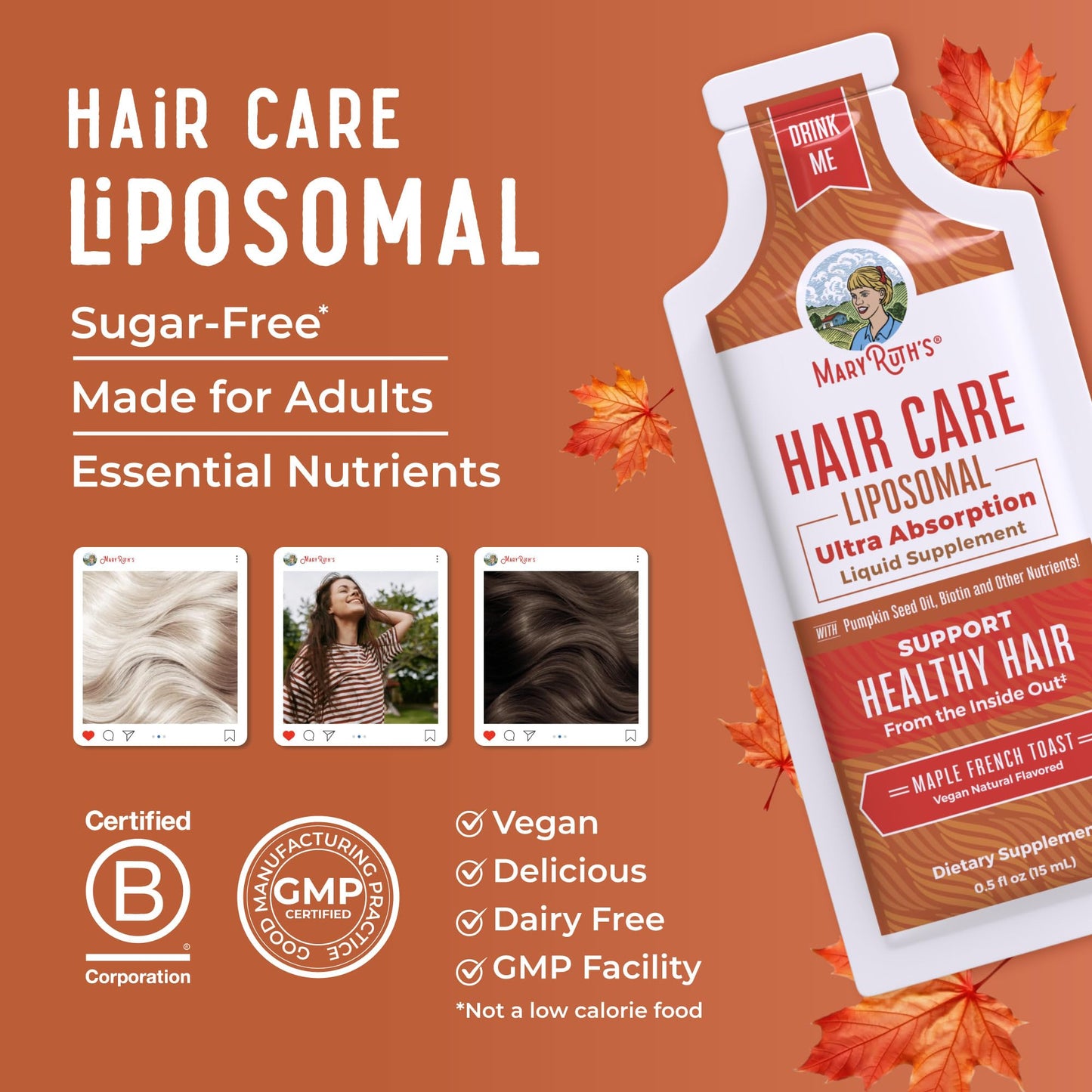 MaryRuth Organics Hair Growth Vitamins, Sugar & Gluten Free, Liquid Hair Vitamins with Vitamin D3, Vitamin E Biotin Hyaluronic Acid, Selenium for Hair & Skin Care Vegan, Non-GMO, 14-0.5 Fl Oz Pouches - Maple Wellness Supplements