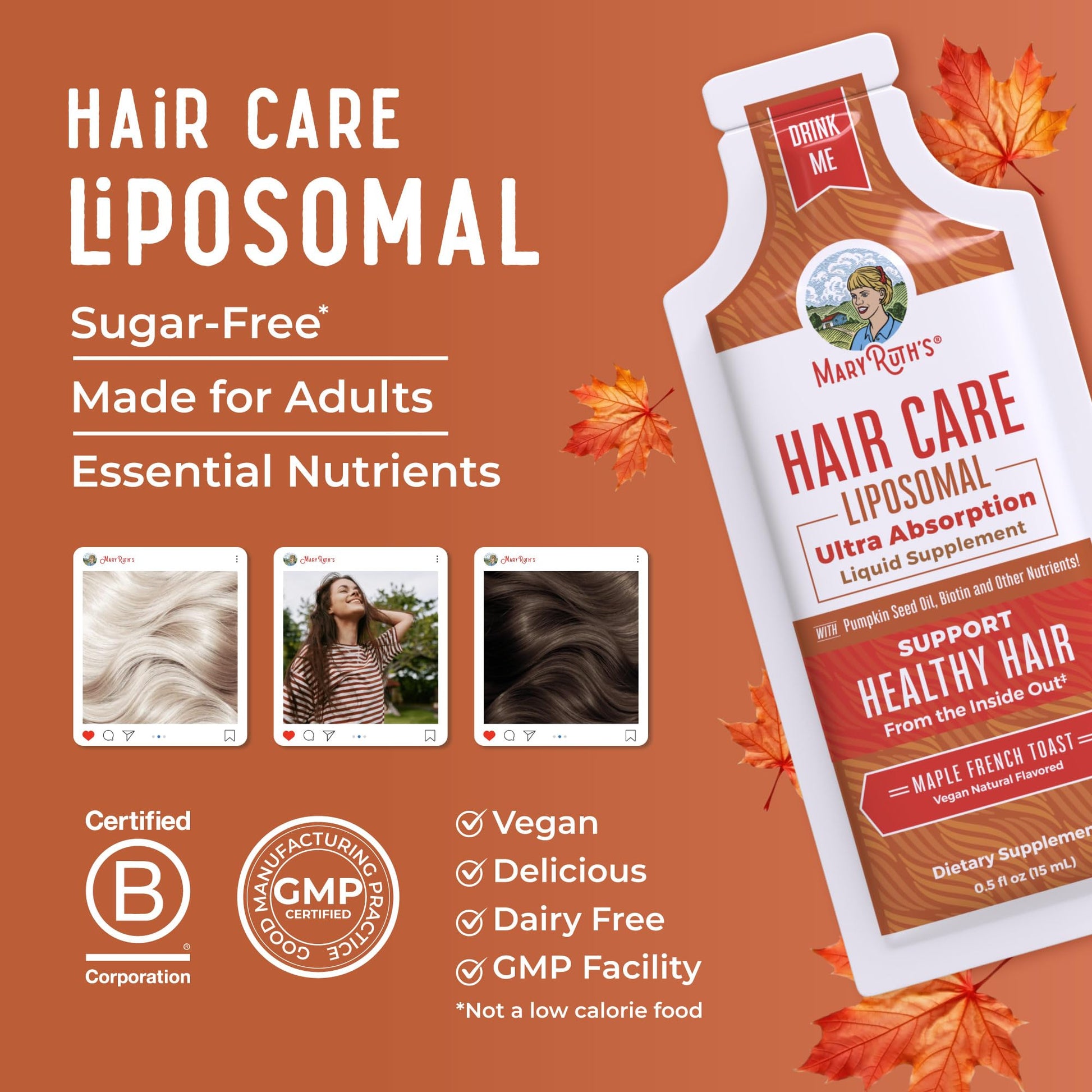 MaryRuth Organics Hair Growth Vitamins, Sugar & Gluten Free, Liquid Hair Vitamins with Vitamin D3, Vitamin E Biotin Hyaluronic Acid, Selenium for Hair & Skin Care Vegan, Non-GMO, 14-0.5 Fl Oz Pouches - Maple Wellness Supplements