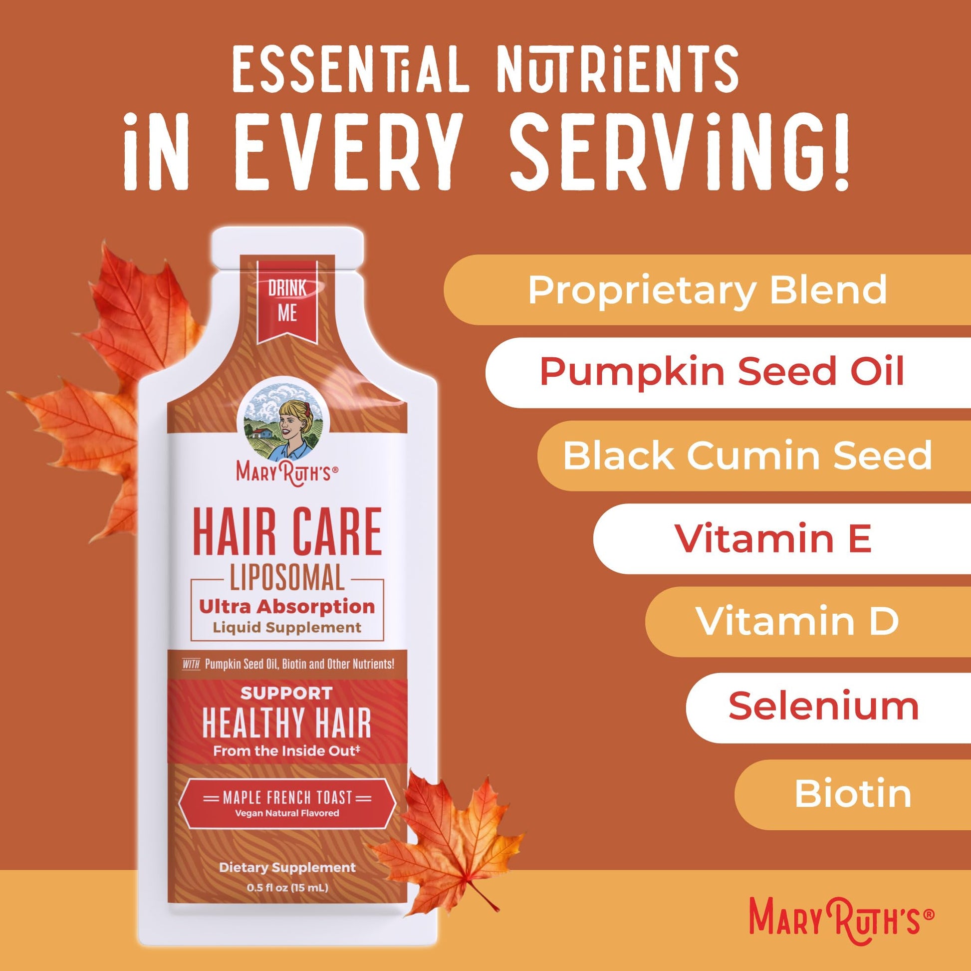 MaryRuth Organics Hair Growth Vitamins, Sugar & Gluten Free, Liquid Hair Vitamins with Vitamin D3, Vitamin E Biotin Hyaluronic Acid, Selenium for Hair & Skin Care Vegan, Non-GMO, 14-0.5 Fl Oz Pouches - Maple Wellness Supplements