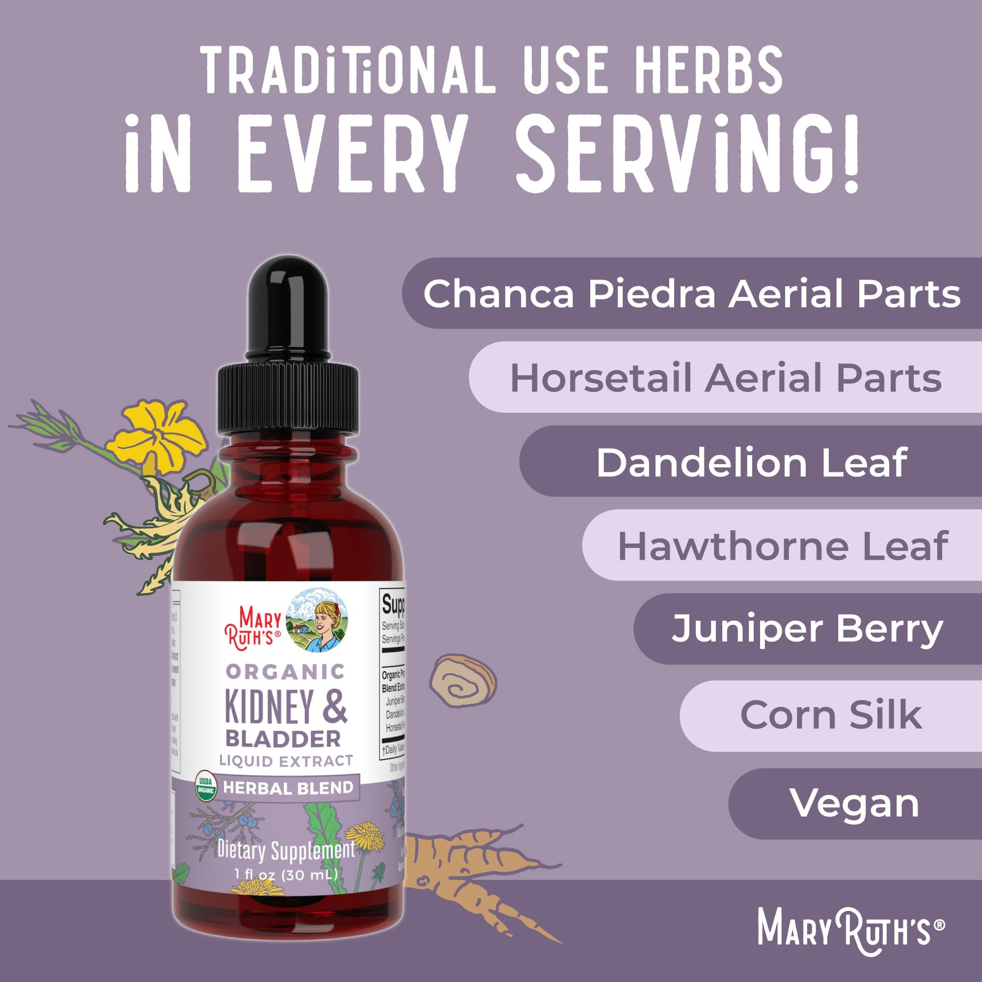 MaryRuth Organics Herbal Supplement Drops | Support Renal & Urinary Systems | Juniper Berry | Cleavers | Dandelion | Hawthorn | Horsetail & Chanca Piedra | Vegan | Non-GMO | 1 Fl Oz - Maple Wellness Supplements