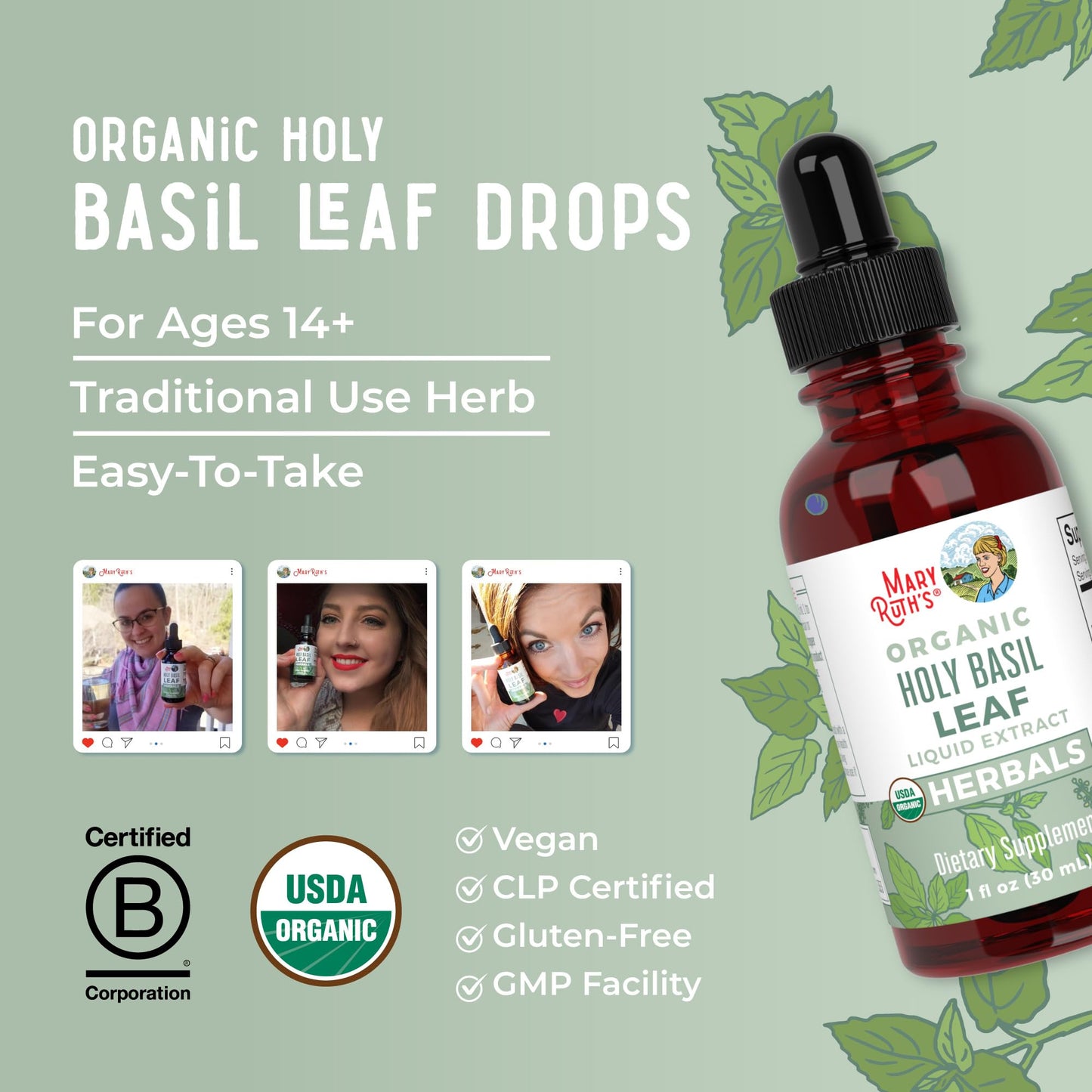 MaryRuth Organics Holy Basil Sugar Free | Tulsi Holy Basil Herbal Liquid Drops | Antioxidant | Cognitive Function | Digestive Support | Energy Levels | Vegan | Non-GMO | 1 Fl Oz - Maple Wellness Supplements