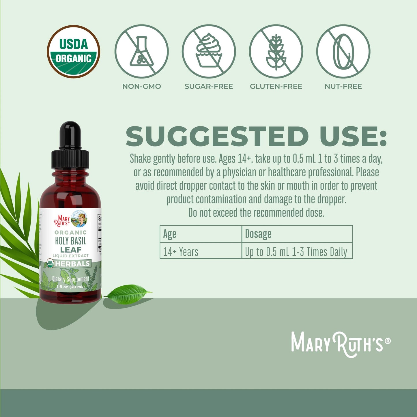 MaryRuth Organics Holy Basil Sugar Free | Tulsi Holy Basil Herbal Liquid Drops | Antioxidant | Cognitive Function | Digestive Support | Energy Levels | Vegan | Non-GMO | 1 Fl Oz - Maple Wellness Supplements