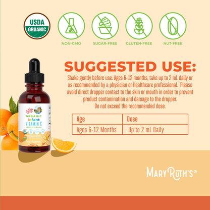 MaryRuth Organics Infant & Baby Vitamin C Supplement | USDA Organic Vitamin C Liquid Drops for Infants | Ages 6-12 Months | Immune Support | Overall Health | Vegan | Non-GMO | Gluten Free | 2 Fl Oz - Maple Wellness Supplements