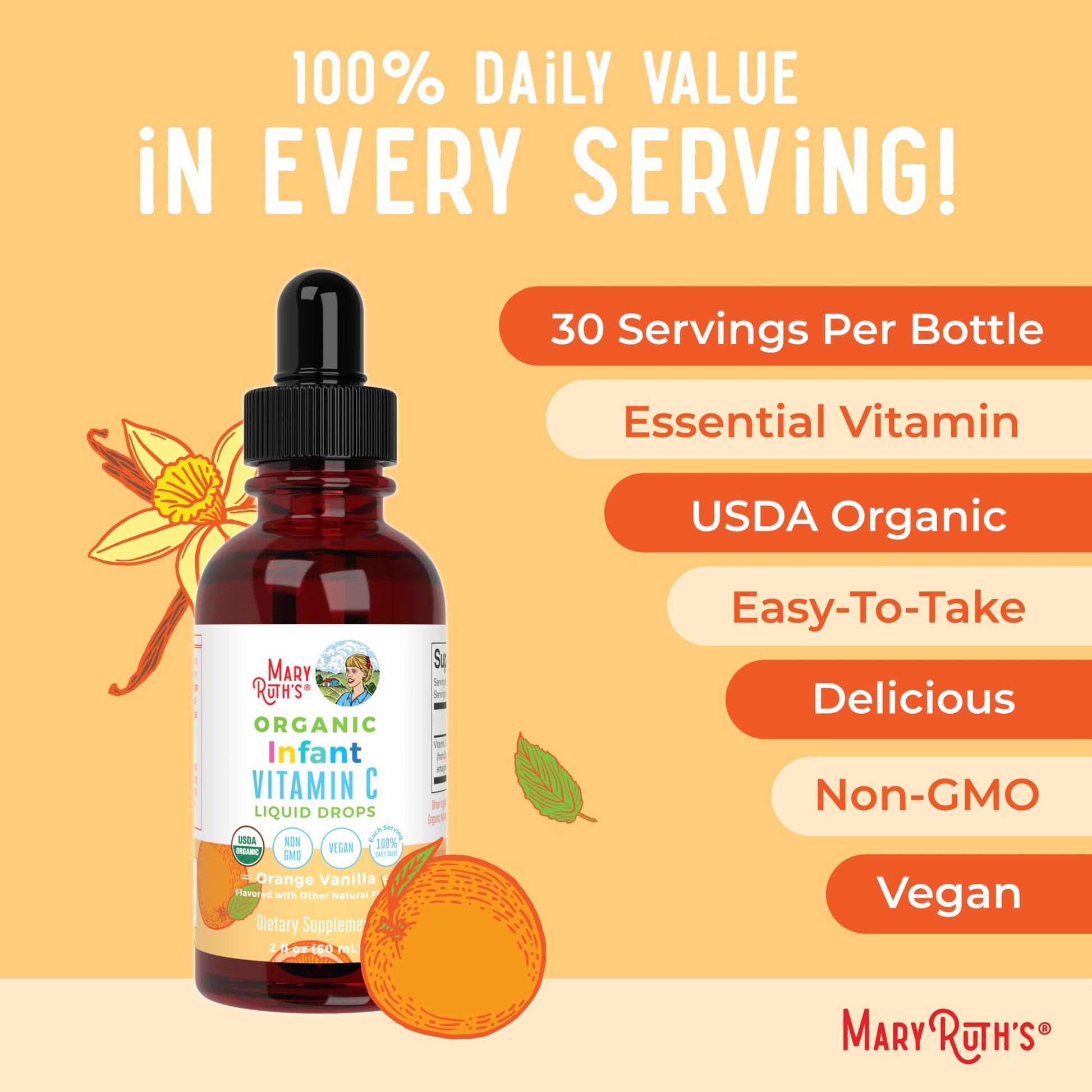 MaryRuth Organics Infant & Baby Vitamin C Supplement | USDA Organic Vitamin C Liquid Drops for Infants | Ages 6-12 Months | Immune Support | Overall Health | Vegan | Non-GMO | Gluten Free | 2 Fl Oz - Maple Wellness Supplements