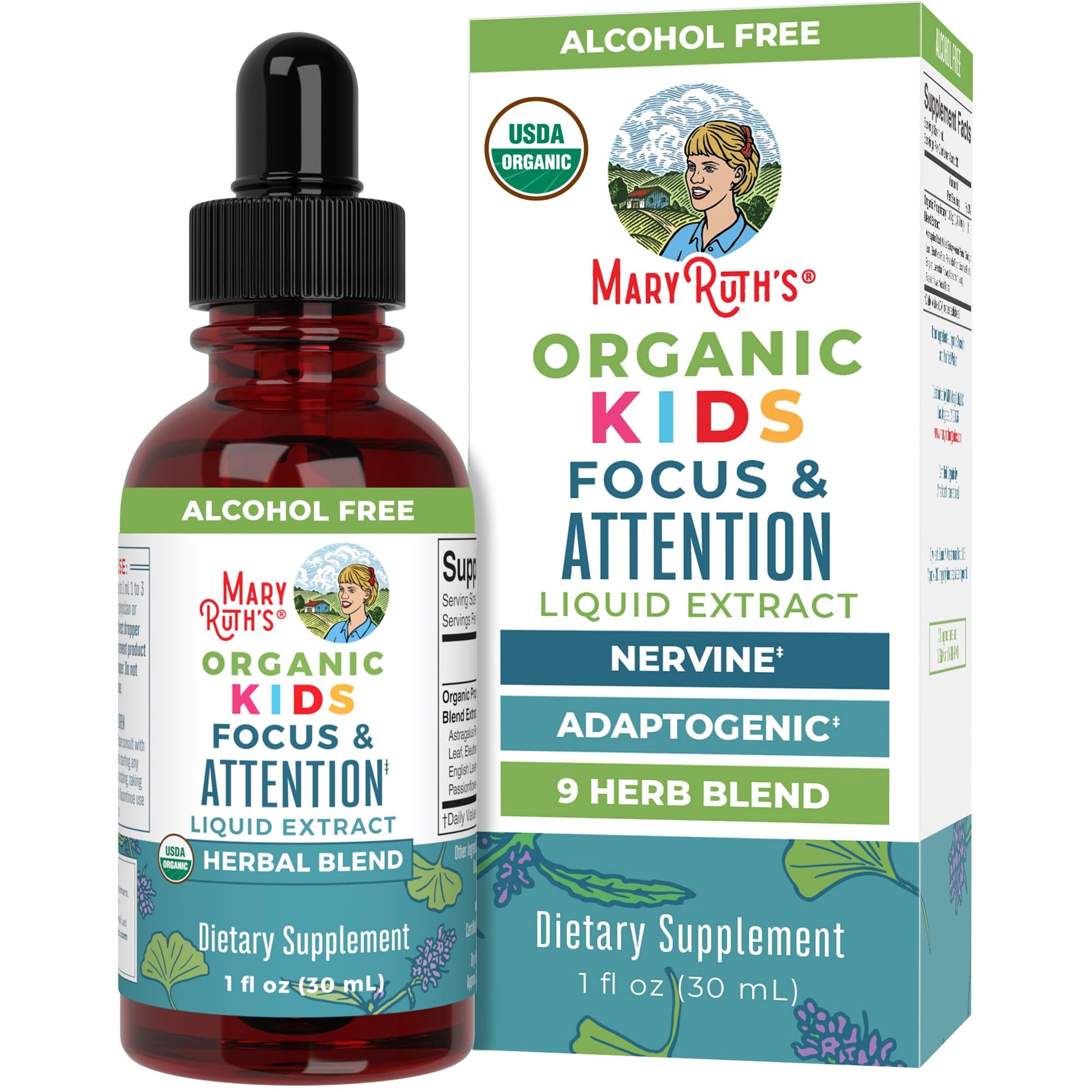 MaryRuth Organics Kids Focus & Attention Drops | USDA Organic Drops | Ginkgo Biloba | Rhodiola Root & Licorice Root | Adaptogenic | Calm | Vegan | Non-GMO | Gluten Free | 30 Servings - Maple Wellness Supplements
