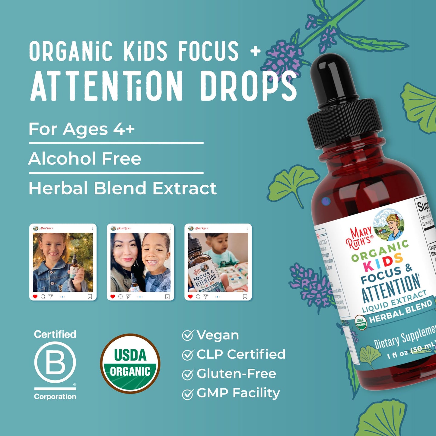 MaryRuth Organics Kids Focus & Attention Drops | USDA Organic Drops | Ginkgo Biloba | Rhodiola Root & Licorice Root | Adaptogenic | Calm | Vegan | Non-GMO | Gluten Free | 30 Servings - Maple Wellness Supplements