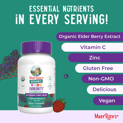 MaryRuth Organics Kids Immune Support Gummies | USDA Organic | Vitamin C, Zinc, and Elderberry Gummies for Kids| Immune Support for Ages 4+ | Vegan - Maple Wellness Supplements