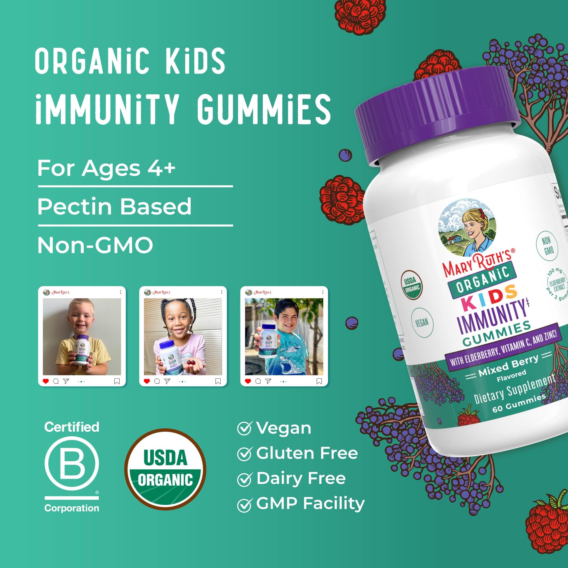 MaryRuth Organics Kids Immune Support Gummies | USDA Organic | Vitamin C, Zinc, and Elderberry Gummies for Kids| Immune Support for Ages 4+ | Vegan - Maple Wellness Supplements