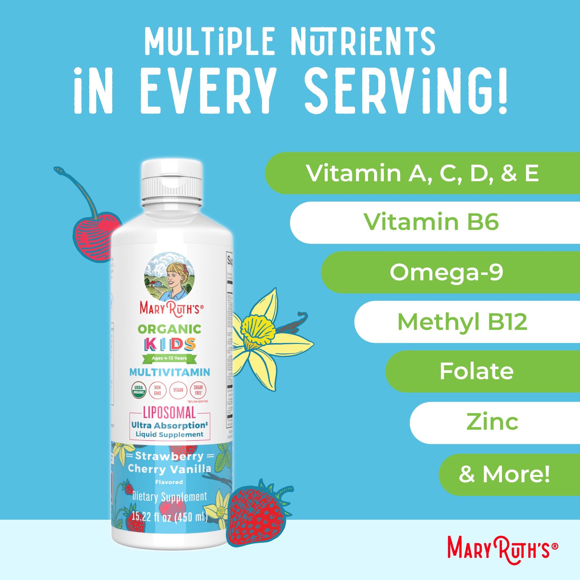 MaryRuth Organics Kids Multivitamin Liposomal | Vegan, Sugar-Free Vitamins for Kids | Ages 4+ | 2 Month Supply | 15.22 Fl Oz - Maple Wellness Supplements