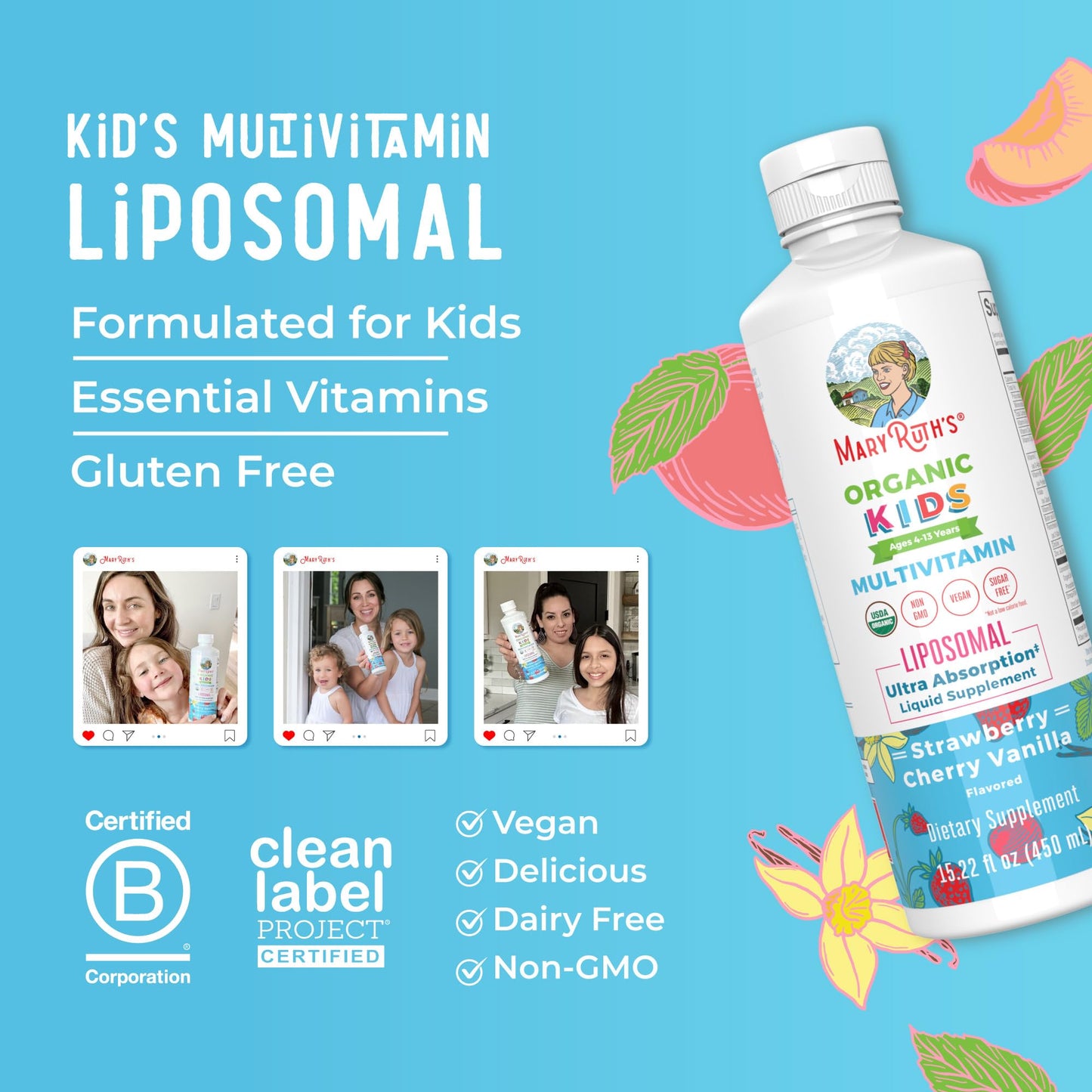 MaryRuth Organics Kids Multivitamin Liposomal | Vegan, Sugar-Free Vitamins for Kids | Ages 4+ | 2 Month Supply | 15.22 Fl Oz - Maple Wellness Supplements