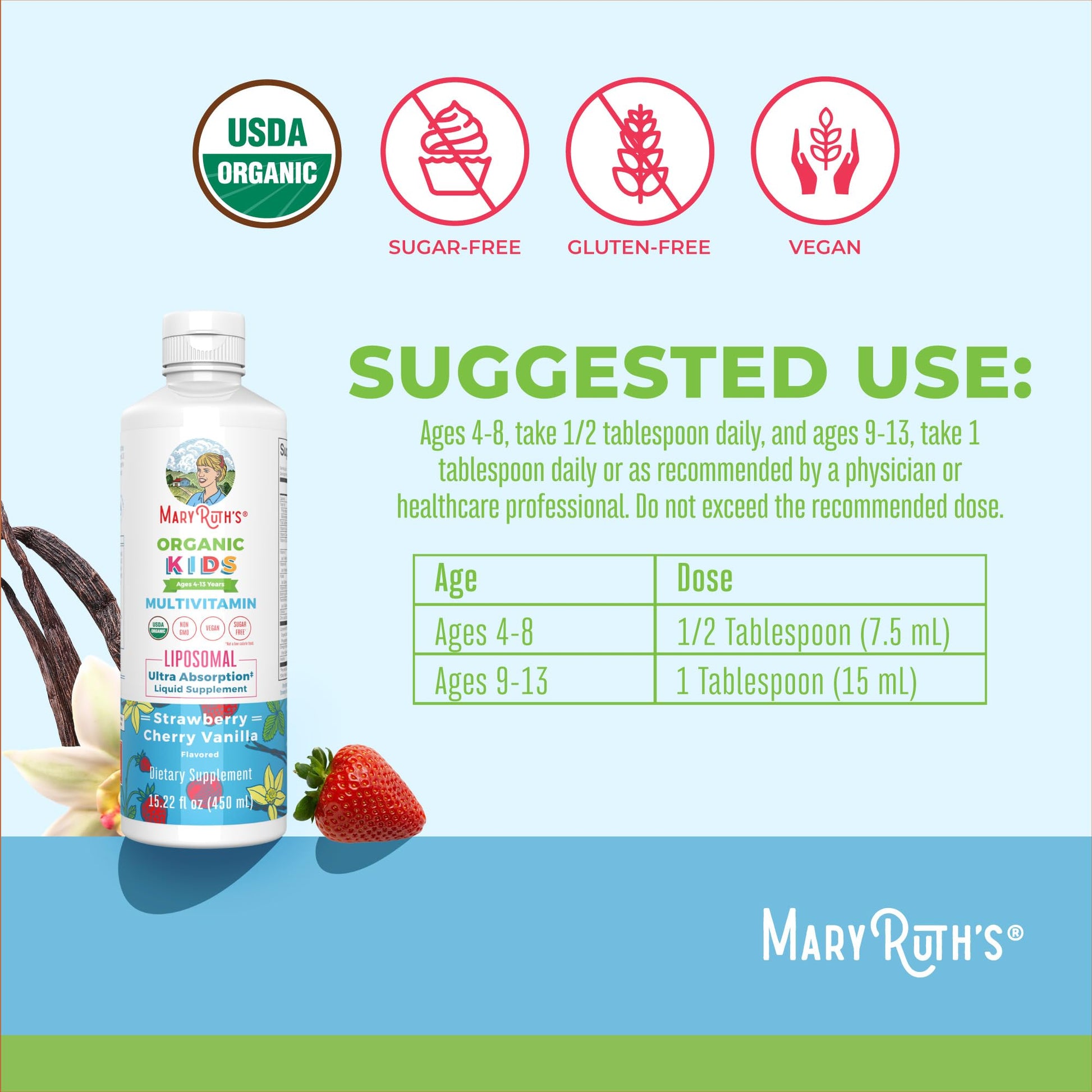 MaryRuth Organics Kids Multivitamin Liposomal | Vegan, Sugar-Free Vitamins for Kids | Ages 4+ | 2 Month Supply | 15.22 Fl Oz - Maple Wellness Supplements