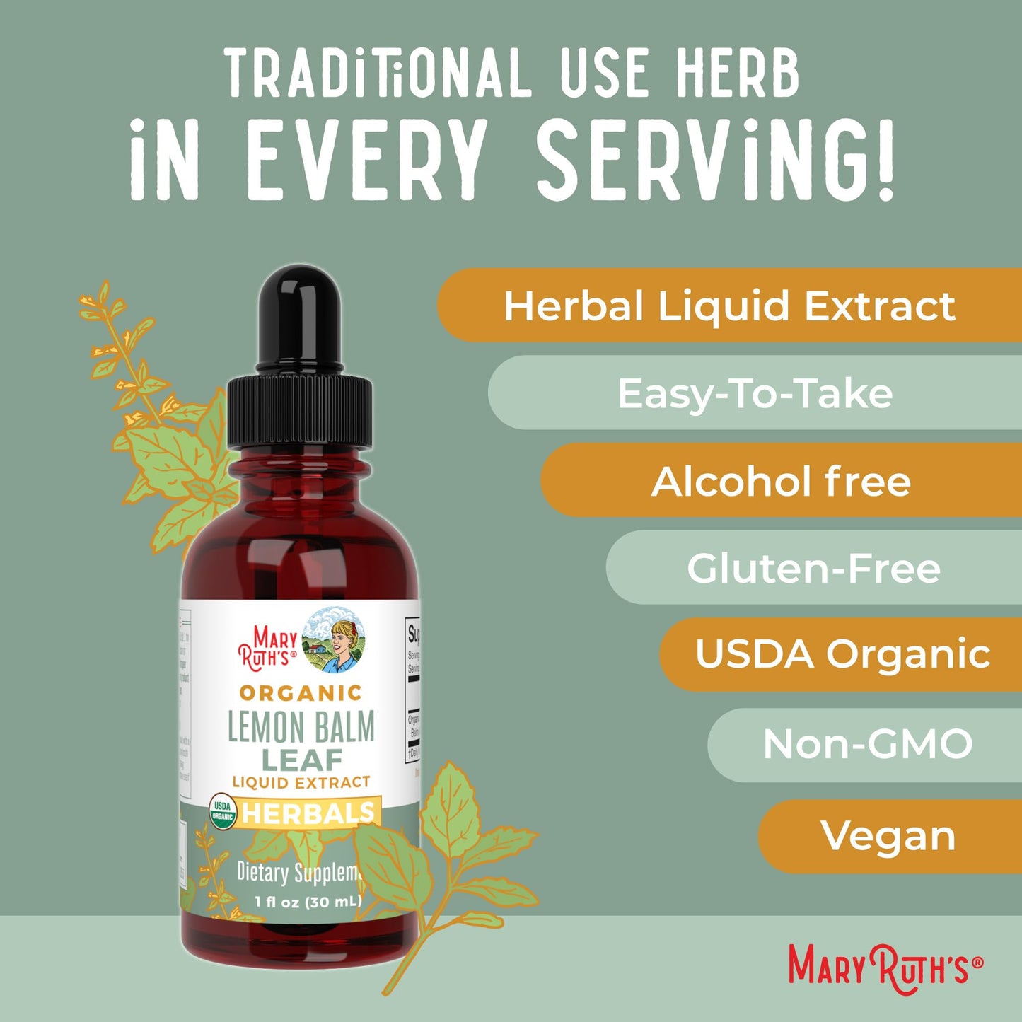 MaryRuth Organics Lemon Balm Leaf Liquid Extract | Mood Support | Relaxation | Calming | Nervine Herbal | Lemon Balm Tincture | USDA Organic | Vegan | Non-GMO | Gluten Free | 1 Fl Oz - Maple Wellness Supplements