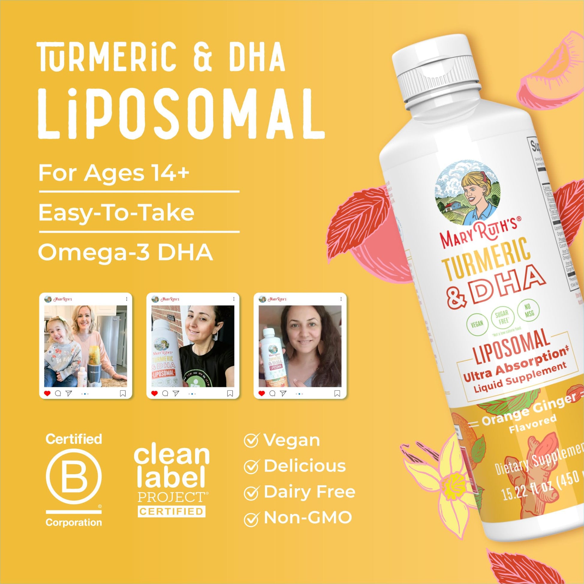 MaryRuth Organics | Liposomal Turmeric & DHA | Curcumin | Ginger Root Oil | Algal DHA & Vitamin E | Cognitive Function | Mood Support | Joint Health | Liquid Supplement | 15.22 oz - Maple Wellness Supplements