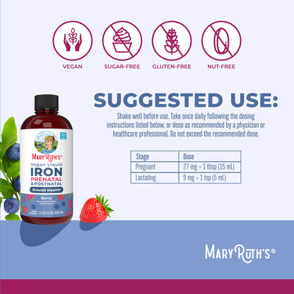 MaryRuth Organics | Liquid Iron Supplement Prenatal & Postnatal for Pregnant & Lactating | Iron Deficiency | Immune Support | Sugar/Gluten Free | Vegan | Non-GMO | 15.22 Fl Oz - Maple Wellness Supplements