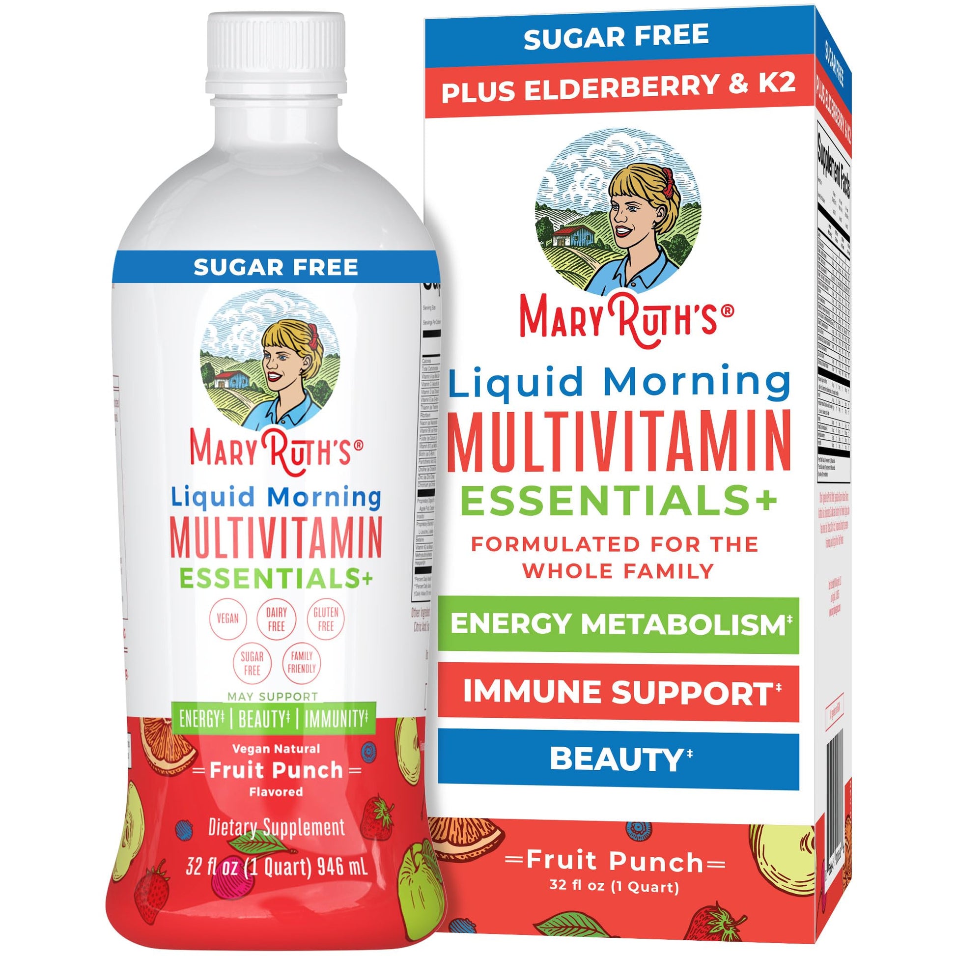 MaryRuth Organics Liquid Morning Multivitamin Essentials+ | Vitamin A C D E B6 B12 Biotin Zinc, Mens Womens Multivitamin, Immune Support, Beauty | Sugar Free | Vitamins for Ages 1+ | Vegan | 32 Fl Oz - Maple Wellness Supplements