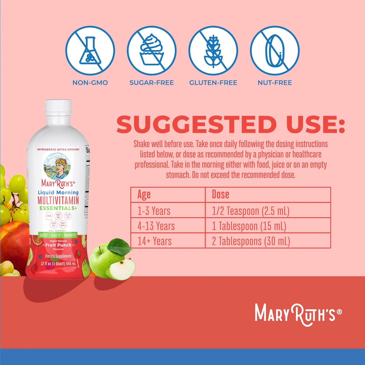 MaryRuth Organics Liquid Morning Multivitamin Essentials+ | Vitamin A C D E B6 B12 Biotin Zinc, Mens Womens Multivitamin, Immune Support, Beauty | Sugar Free | Vitamins for Ages 1+ | Vegan | 32 Fl Oz - Maple Wellness Supplements