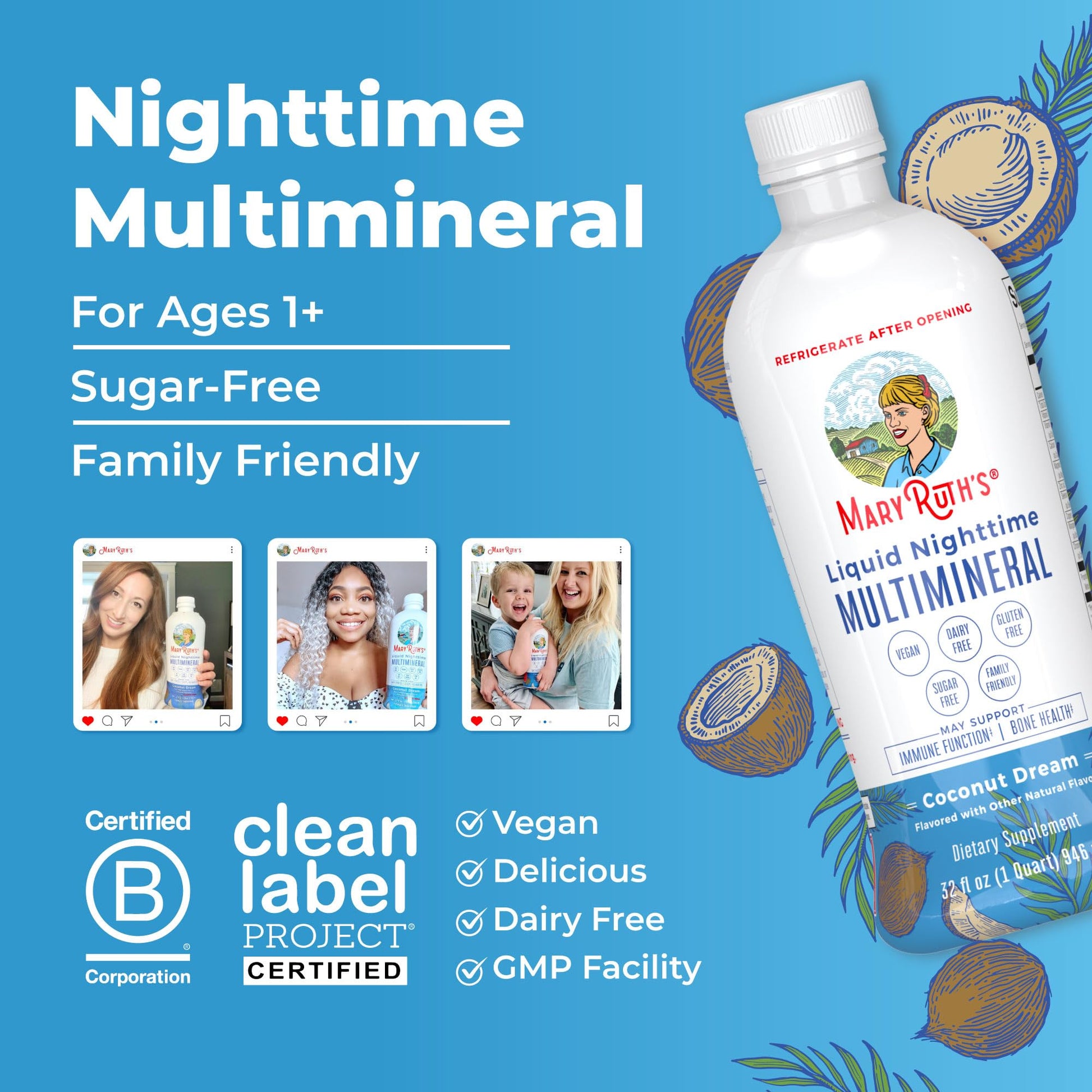MaryRuth Organics Liquid Nighttime Multimineral | No Melatonin | Bedtime Routine | Magnesium Citrate | Calcium | Zinc | Vitamin D3| Available in 4 Flavors - Vegan | Sugar Free | Gluten Free | 32 Oz - Maple Wellness Supplements