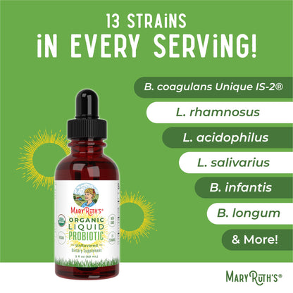 MaryRuth Organics Liquid Probiotic for Ages 4+ | 2 Billion CFU | 13 Probiotic Strains | Gut Health & Digestive Support | Gas & Bloating Support | Vegan | Gluten Free | Travel-Friendly | 20 Servings - Maple Wellness Supplements