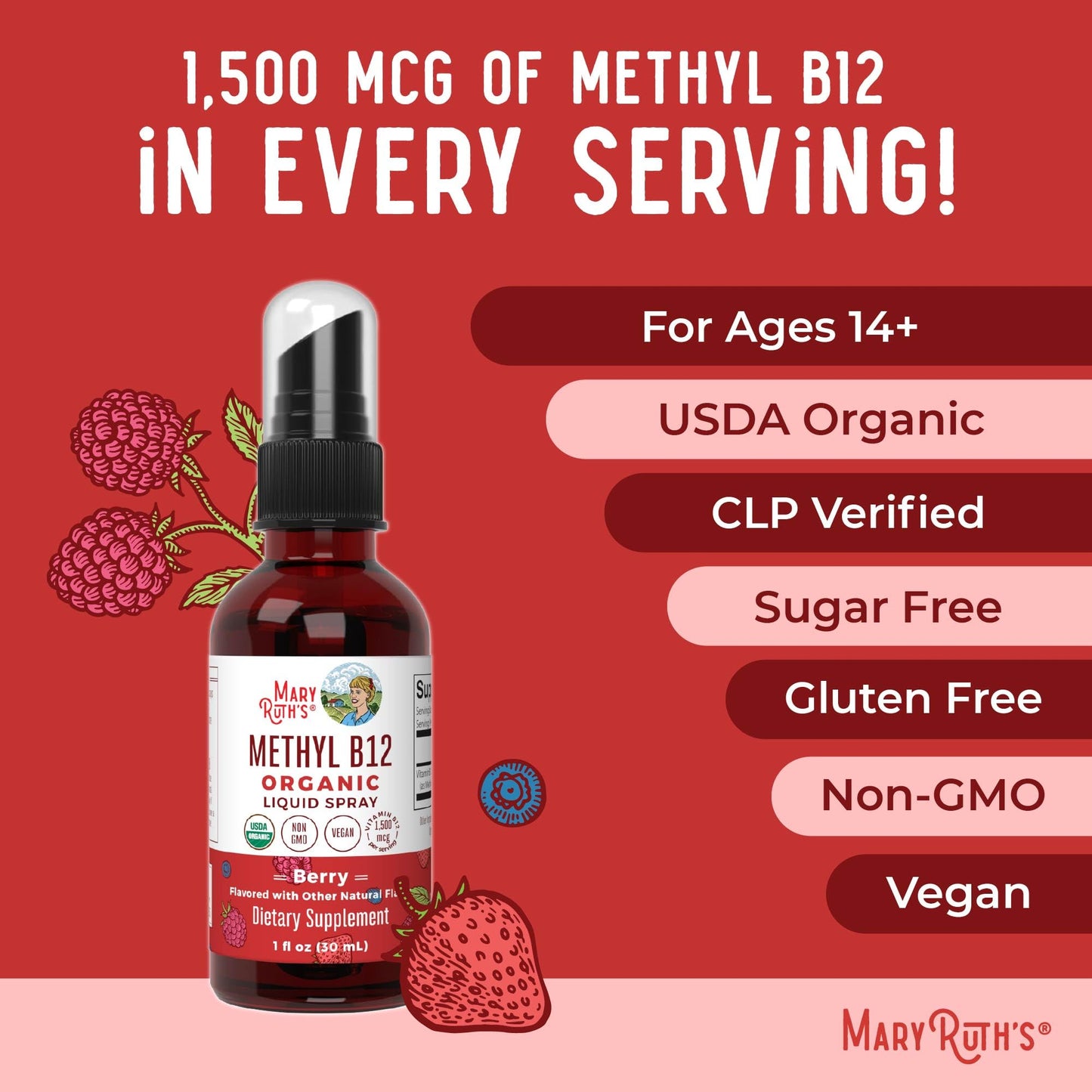 MaryRuth Organics Methyl B12 Spray | 1,500 mcg B12 Per Serving | Methylcobalamin | Energy Metabolism | Nervous System Support | Neuro Health | Vegan | Gluten Free | Sugar Free | 1 Fl Oz - Maple Wellness Supplements