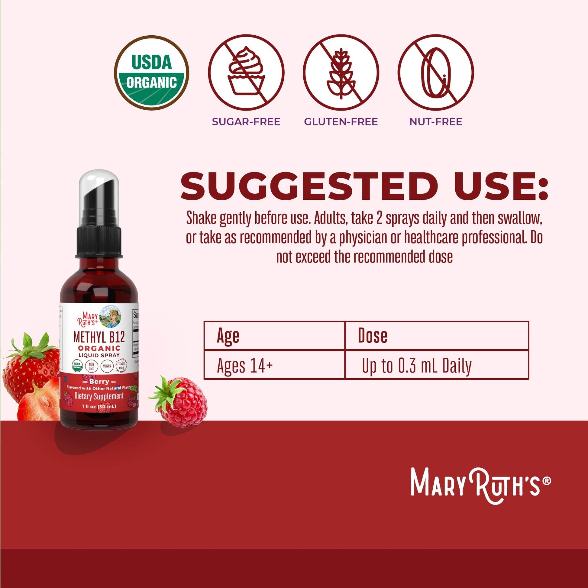 MaryRuth Organics Methyl B12 Spray | 1,500 mcg B12 Per Serving | Methylcobalamin | Energy Metabolism | Nervous System Support | Neuro Health | Vegan | Gluten Free | Sugar Free | 1 Fl Oz - Maple Wellness Supplements