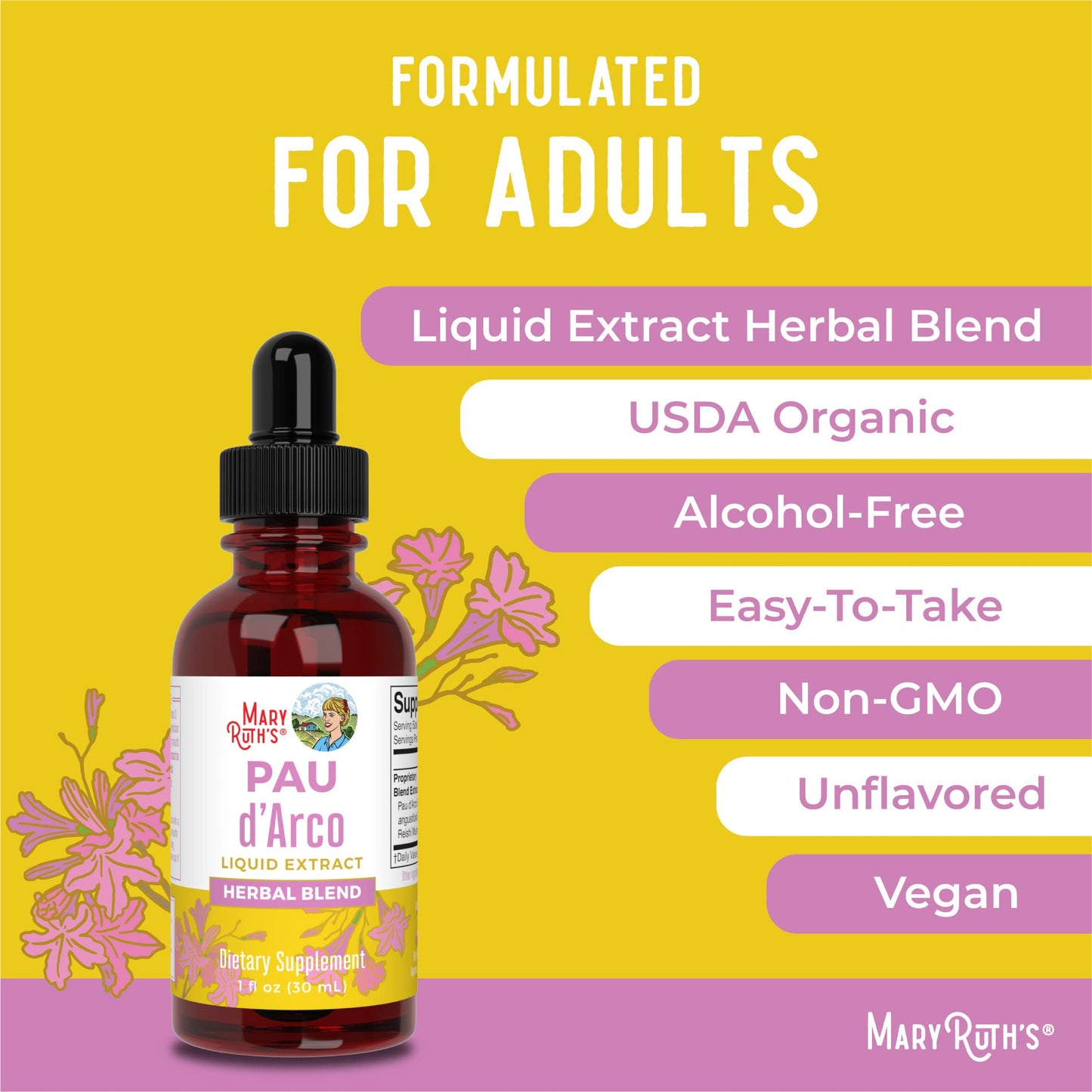 MaryRuth Organics PAU D'Arco Herbal Blend | Reishi Mushroom | Echinacea angustifolia Root | Usnea Lichen | Thyme Leaf | Vegan | Non-GMO Project Verified | Gluten Free | 30 Servings | 1 Fl Oz - Maple Wellness Supplements