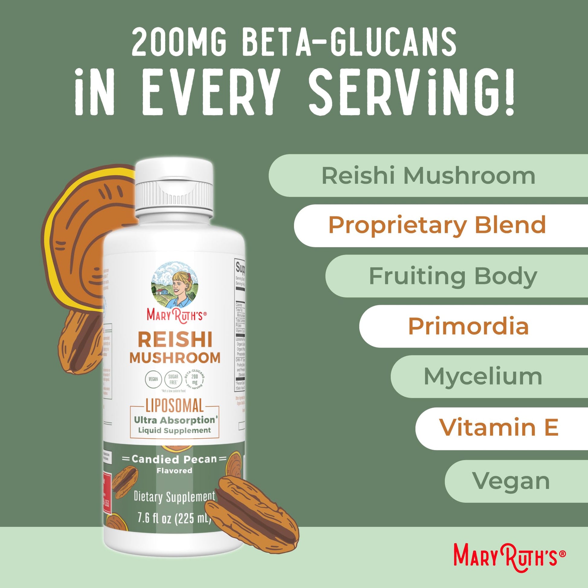 MaryRuth Organics Reishi Vegan Mushroom Supplement | Ultra Absorption Liposomal | Immune Support with 200mg Beta-Glucans, Vegan |Full Spectrum Reishi Mushrooms Fruiting Body | 7.6 oz, - Maple Wellness Supplements