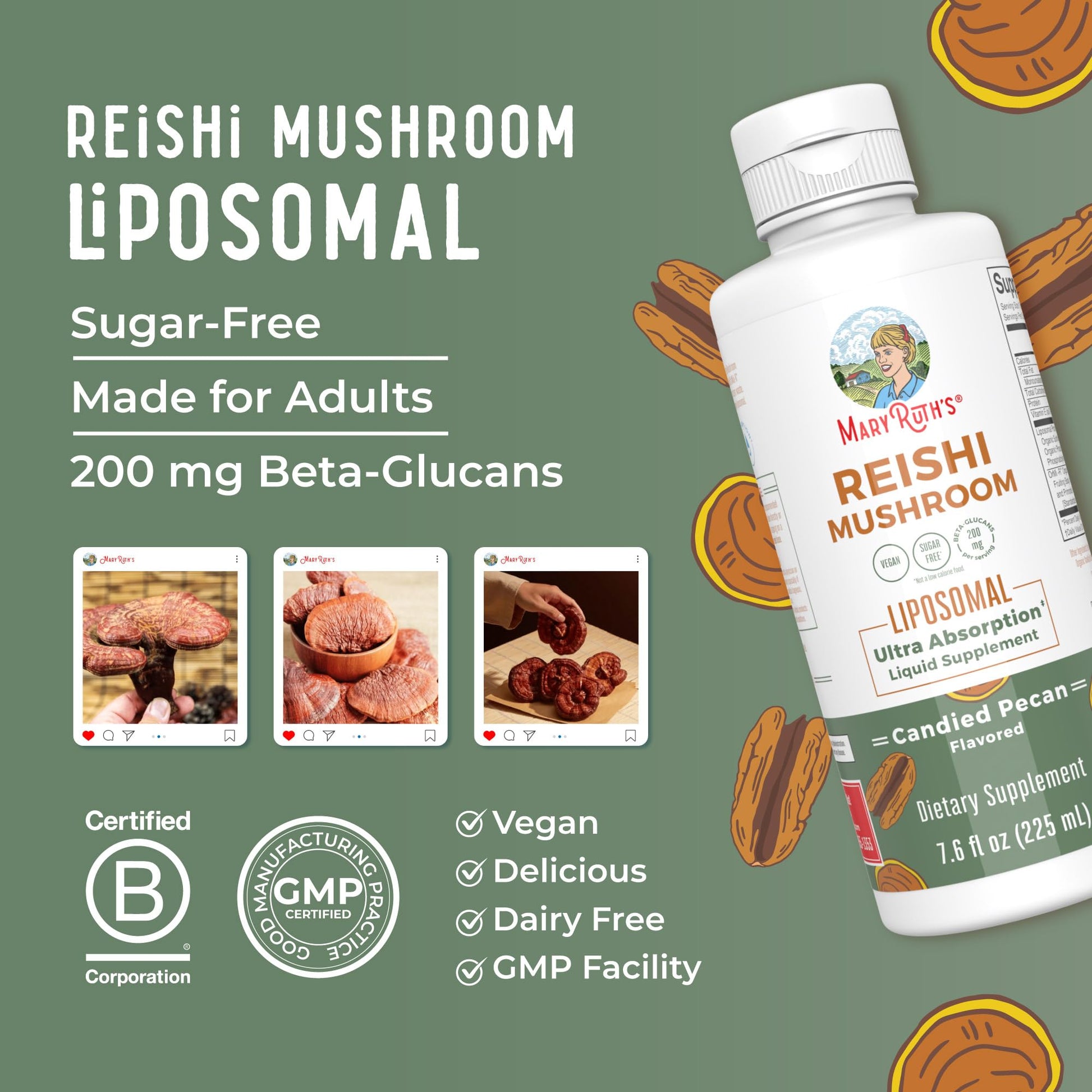 MaryRuth Organics Reishi Vegan Mushroom Supplement | Ultra Absorption Liposomal | Immune Support with 200mg Beta-Glucans, Vegan |Full Spectrum Reishi Mushrooms Fruiting Body | 7.6 oz, - Maple Wellness Supplements