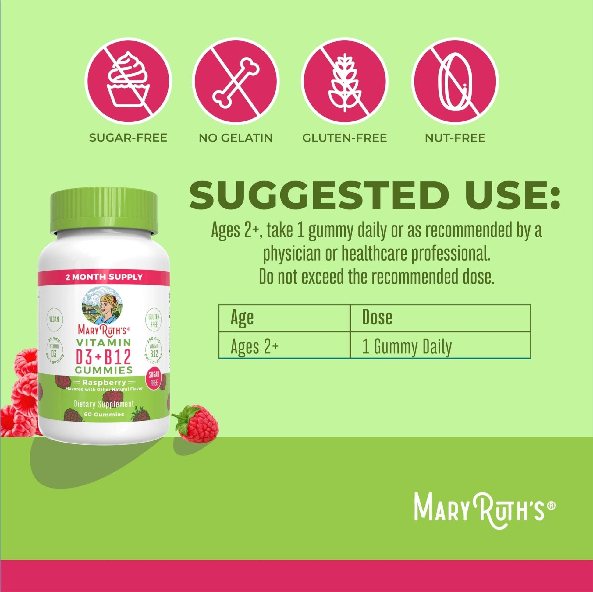 MaryRuth Organics Sugar Free | 2 Month Supply | Vitamin D & B12 Vitamin Supplements for Adults & Kids | Bone Health | Immune Support | Vegan | Non-GMO | 60 Servings - Maple Wellness Supplements