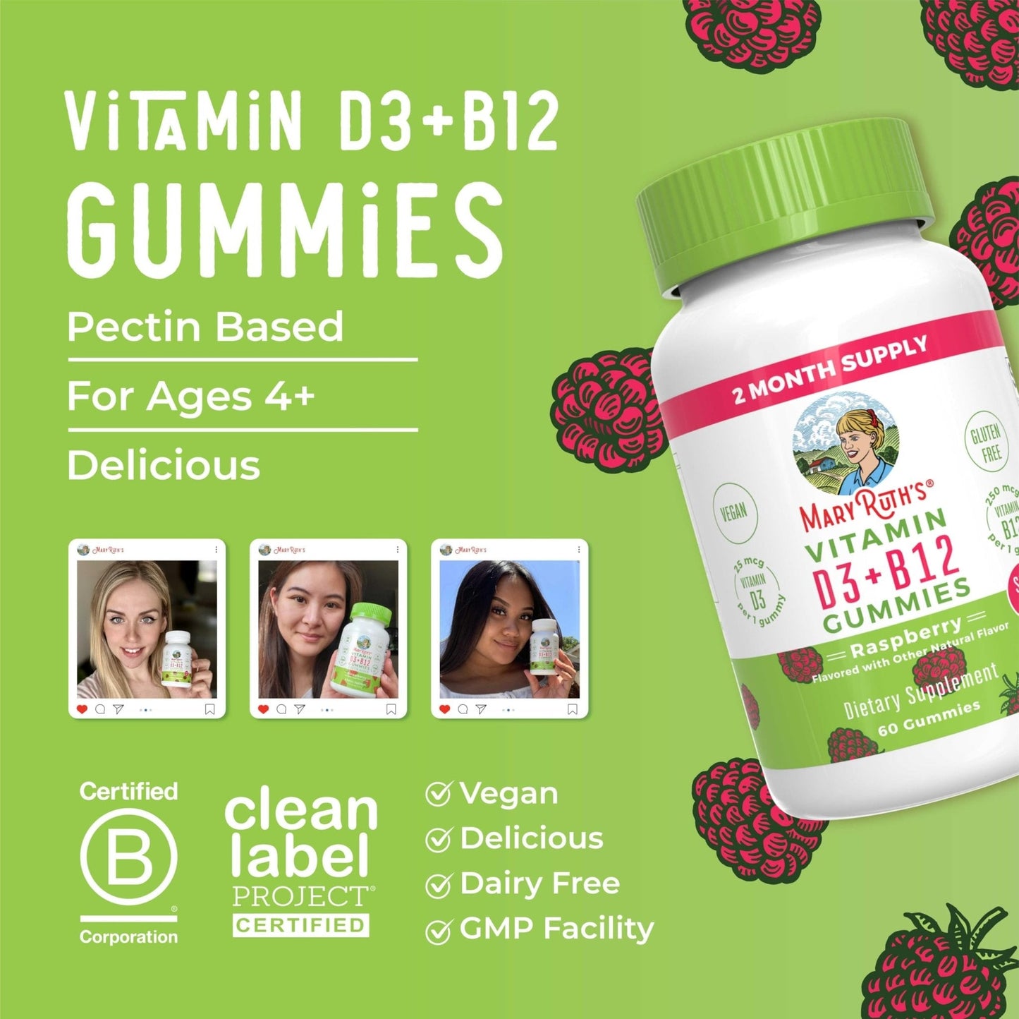 MaryRuth Organics Sugar Free | 2 Month Supply | Vitamin D & B12 Vitamin Supplements for Adults & Kids | Bone Health | Immune Support | Vegan | Non-GMO | 60 Servings - Maple Wellness Supplements