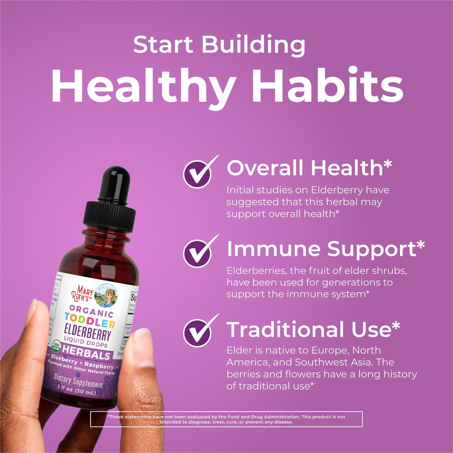 MaryRuth Organics Toddler Elderberry Syrup, USDA Organic Elderberry, Sugar Free Kids Immune Support Supplement for Ages 1-3 Years, Clean Label Project Verified®, Vegan, Non-GMO, Gluten Free, 1 Fl Oz - Maple Wellness Supplements