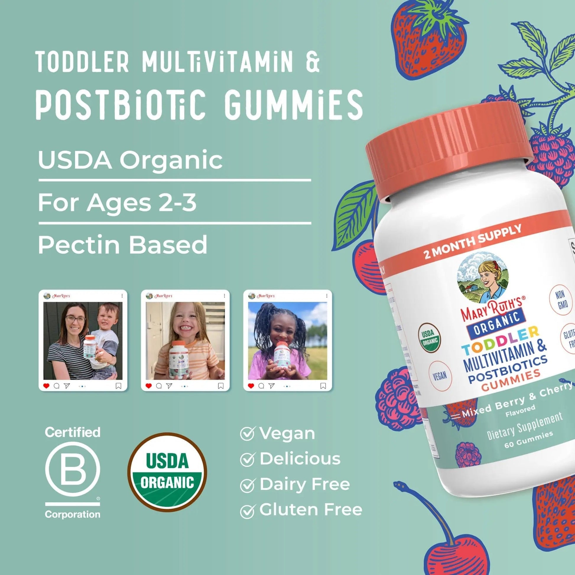 MaryRuth Organics Toddler Multivitamin Gummies + Postbiotics | USDA Organic | Vitamins for Kids Ages 2+ | Immune Support | Vitamin C | Vitamin D3 | Vitamin A | Zinc | Vegan | Non-GMO | 60 Servings - Maple Wellness Supplements