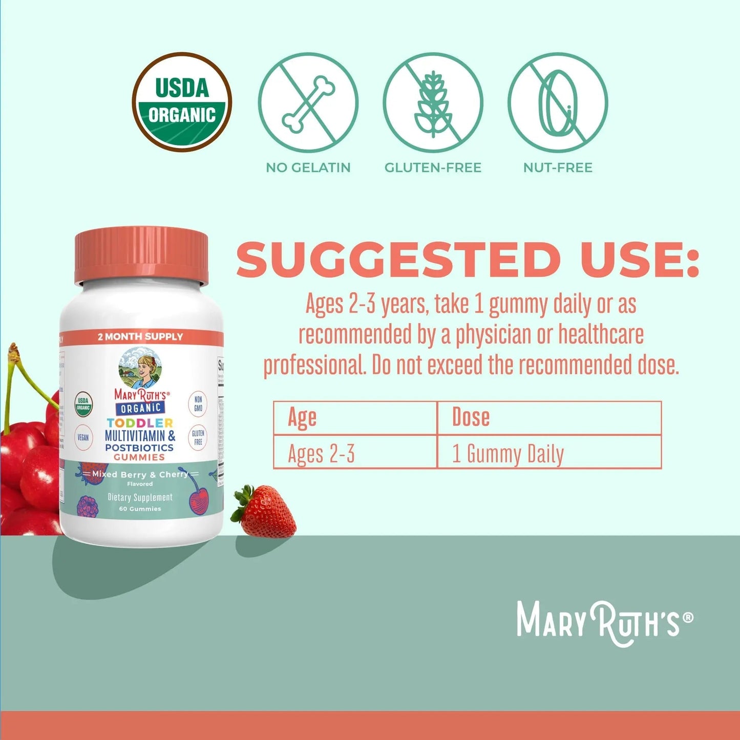 MaryRuth Organics Toddler Multivitamin Gummies + Postbiotics | USDA Organic | Vitamins for Kids Ages 2+ | Immune Support | Vitamin C | Vitamin D3 | Vitamin A | Zinc | Vegan | Non-GMO | 60 Servings - Maple Wellness Supplements