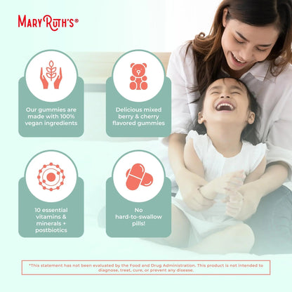 MaryRuth Organics Toddler Multivitamin Gummies + Postbiotics | USDA Organic | Vitamins for Kids Ages 2+ | Immune Support | Vitamin C | Vitamin D3 | Vitamin A | Zinc | Vegan | Non-GMO | 60 Servings - Maple Wellness Supplements