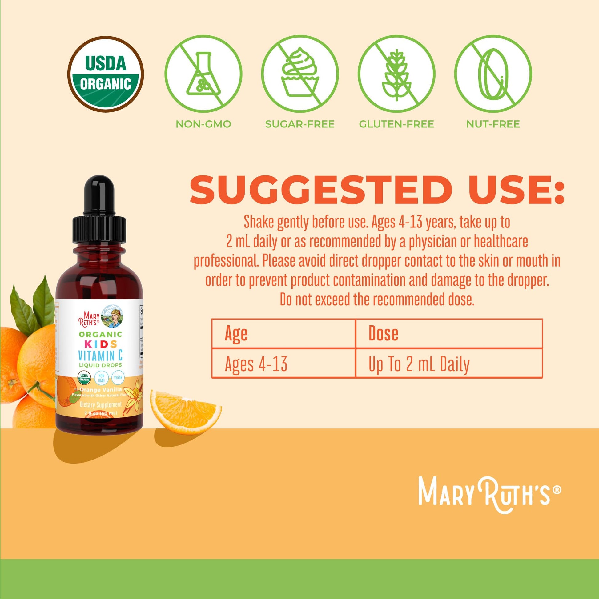 MaryRuth Organics USDA Kids Vitamin C Drops | Vegan Immune Support Supplement for Ages 4-13 | Immune Support & Overall Health | Vitamin C from Organic Acerola Fruit Extract | 2oz - Maple Wellness Supplements
