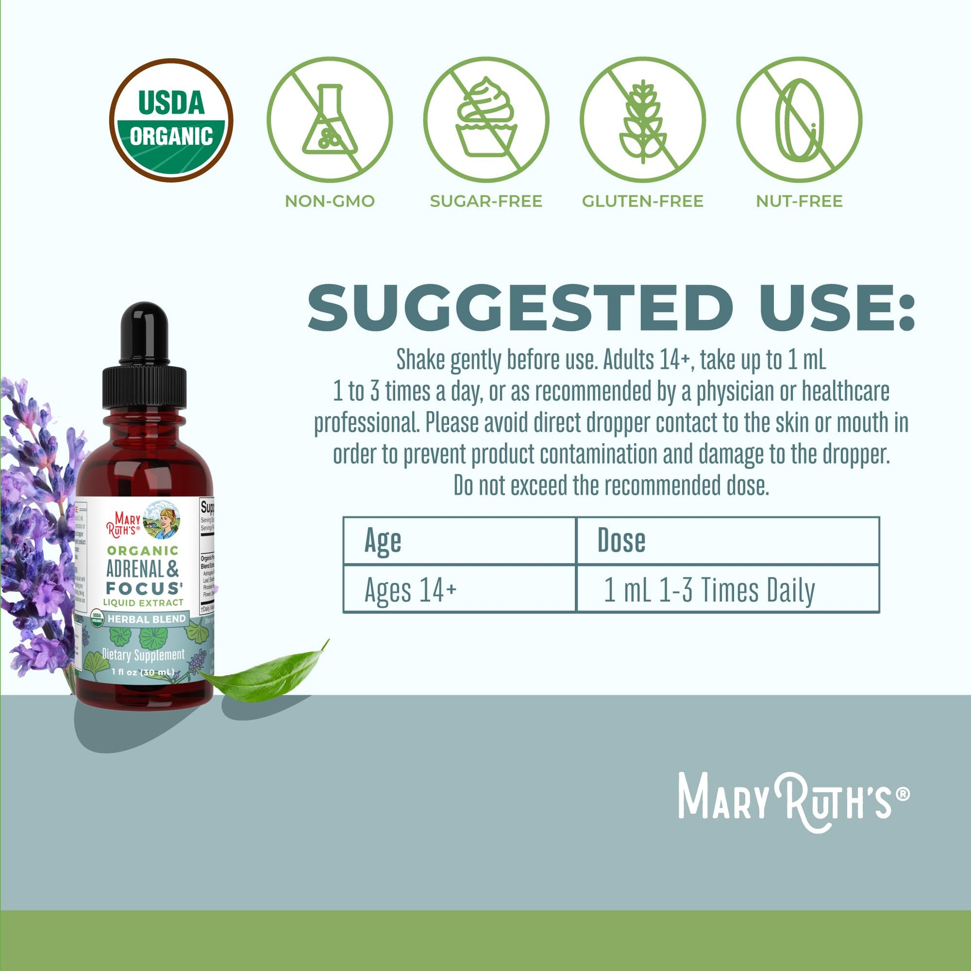 MaryRuth Organics - USDA Organic Brain Nootropic Supplement for Adults with Ginkgo Biloba & Astragalus | Focus & Adrenal Support | Brain & Memory Drops | Vegan | Non-GMO | Gluten Free | 30 Servings - Maple Wellness Supplements