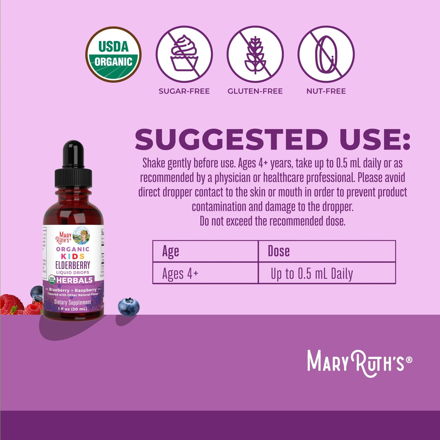 MaryRuth Organics USDA Organic Elderberry Liquid Drops for Kids | Vegan Elderberry Extract Organic Glycerin | Immune Support Supplement | Overall Health | Formulated for Ages 4-13 | 1oz - Maple Wellness Supplements
