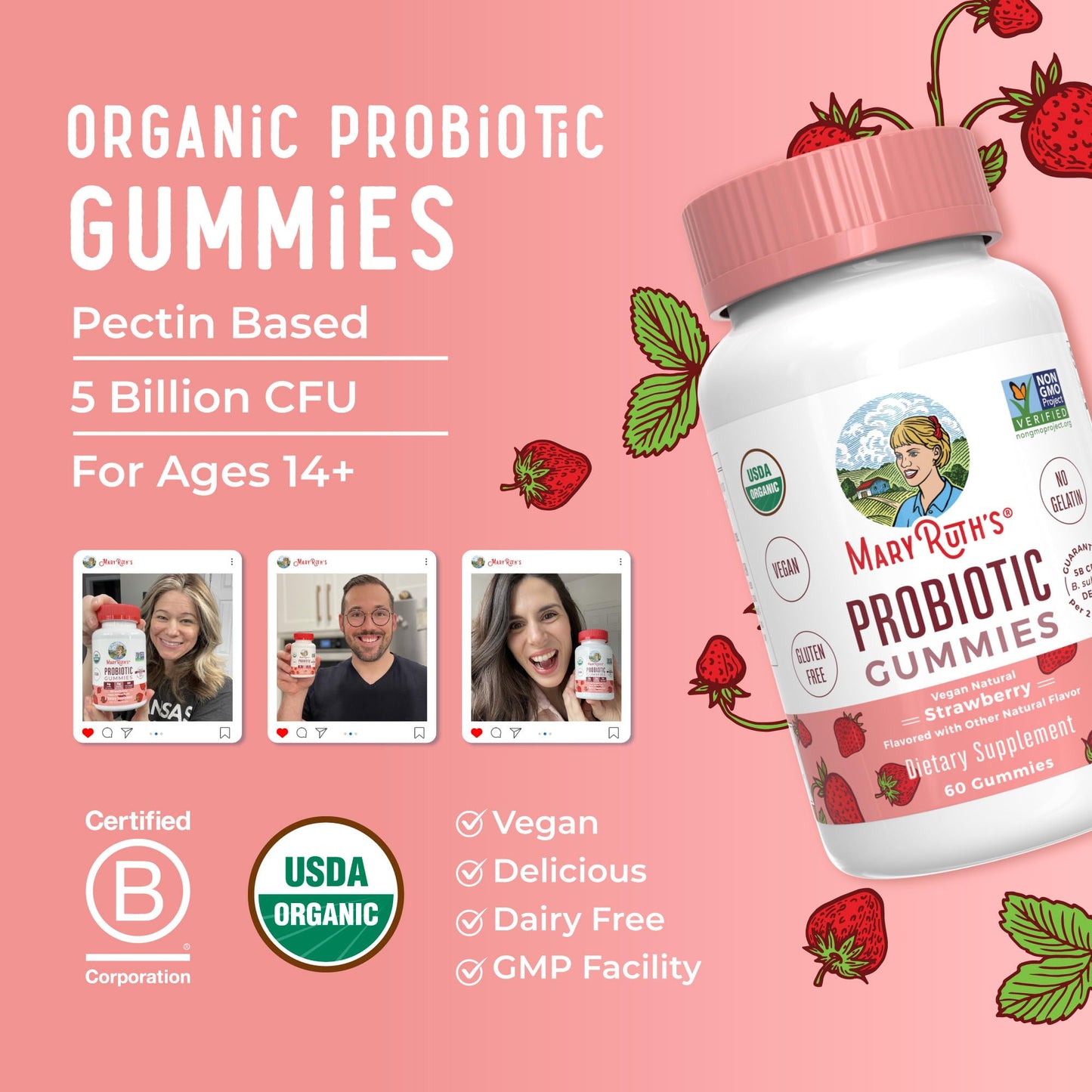 MaryRuth Organics USDA Organic Probiotic Gummies |Probiotics forWomen & Men Digestive Health & Gut Comfort Supplement 5 Billion CFU | Immune & Digestive Support | Vegan | Non-GMO | 60 Count - Maple Wellness Supplements