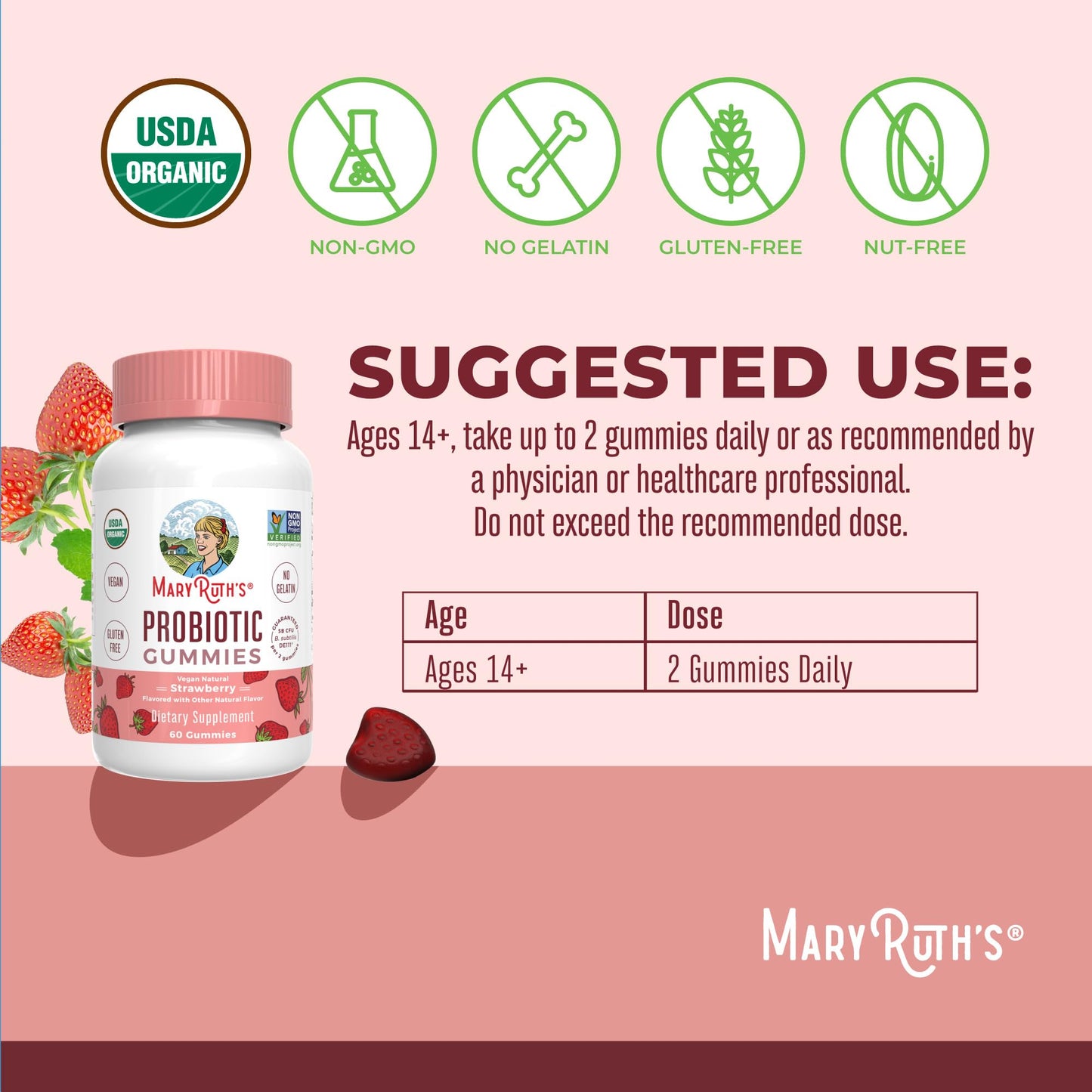 MaryRuth Organics USDA Organic Probiotic Gummies |Probiotics forWomen & Men Digestive Health & Gut Comfort Supplement 5 Billion CFU | Immune & Digestive Support | Vegan | Non-GMO | 60 Count - Maple Wellness Supplements