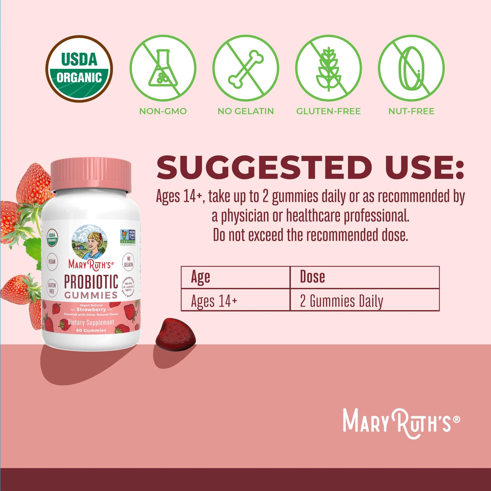 MaryRuth Organics USDA Organic Probiotic Gummies |Probiotics forWomen & Men Digestive Health & Gut Comfort Supplement 5 Billion CFU | Immune & Digestive Support | Vegan | Non-GMO | 60 Count - Maple Wellness Supplements